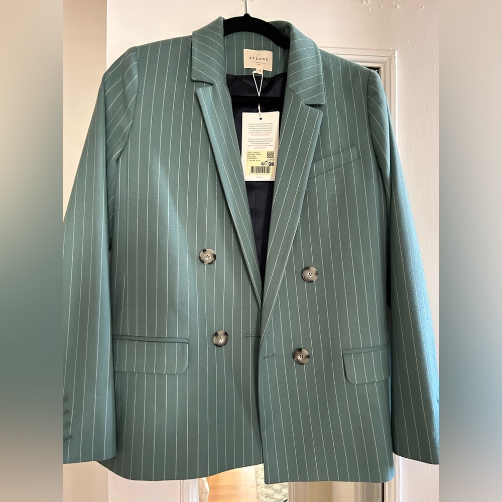 Sezane Christie Jacket Green & Ecru Stripes Sz 4 NWT